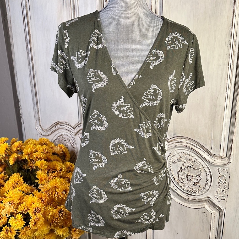 Modcloth Olive Green Graphic Wrap-Style Short Sleeve Tee